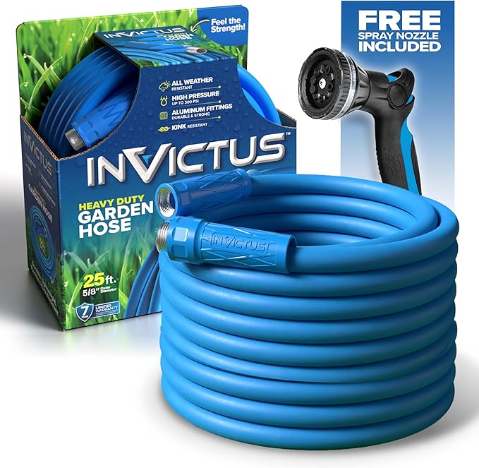 INVICTUS 25 Ft Garden Hose with Sprayer Nozzle, 2-Layer Heavy Duty Drinking RV Water Hose 25 Ft x 5/8 in. Flexible, Lightweight, NON Expandable, Kink Resistant, Easy Connect Fittings, 400 PSI