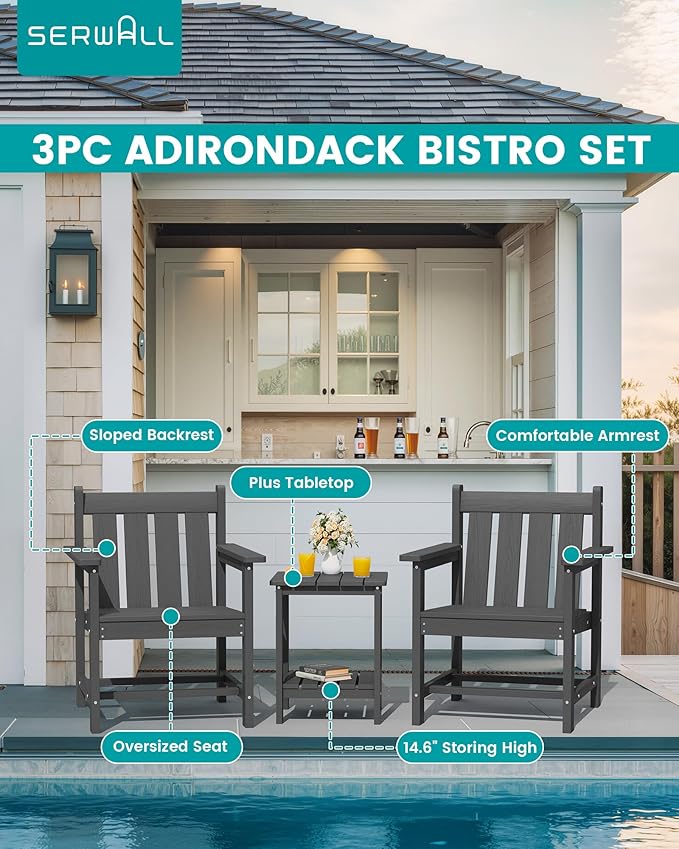 SEWRWALL Patio Furniture Set, HDPE Material All Weather Use Adirondack Chair Set with Side Table for Balcony, Porch, Garden, Backyard- Gray