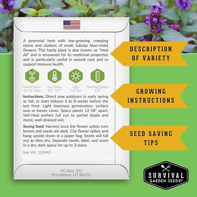 Self-Heal Seeds for Planting - Prunella Vulgaris (All-Heal, Selfheal) Hardy Perennial Ground Cover & Pollinator Wildflower, Non-GMO Heirloom Herb - Survival Garden Seeds (3 Packs)