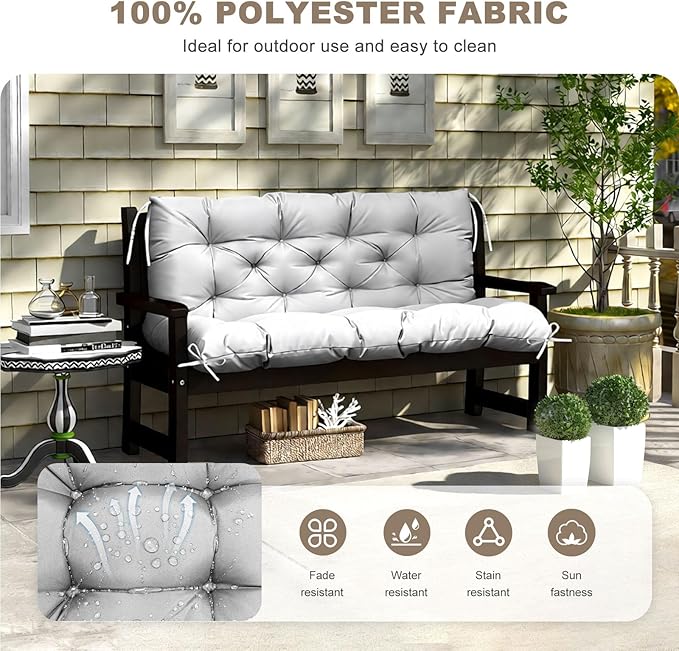 Porch Swing Cushion with Backrest,Waterproof Bench Cushion for Outdoor Furniture,2-3 Seater Replacement Thickened Swing Cushion with Ties,Patio,Outdoor,Backyard and Garden (Light Gray,60x40)