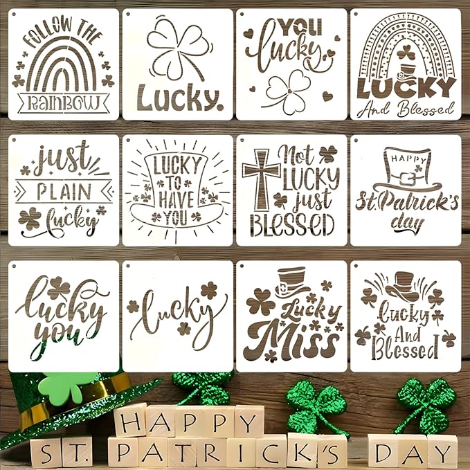12PCS 6" St. Patricks Stencils for Painting, Plastic St Patricks Day Decoration Stencils for Crafts Reusable, Suitable for Painting on Face Fabric Wood Car & Gift Card