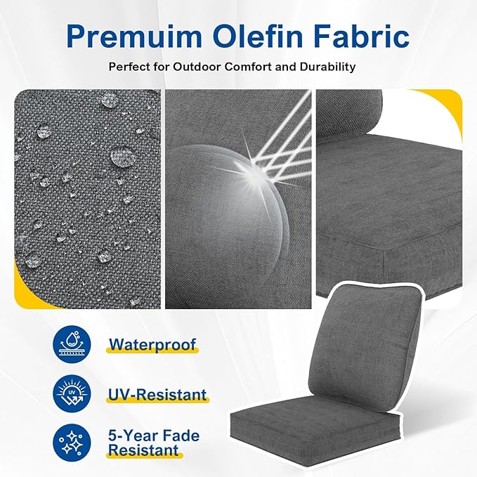 Outdoor Deep Seat Cushions Set of 2 for Patio Furniture, Waterproof & Fade Resistant Replacement Cushions with Removable Covers, 24 x 24 Inch, Deep Gray