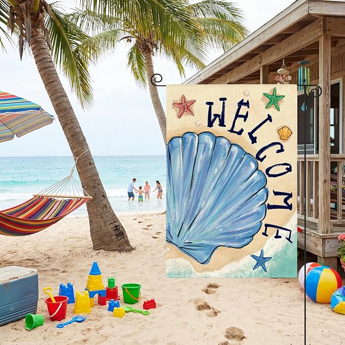 AVOIN colorlife Summer Coastal Beach Shell Garden Flag 12x18 Inch Double Sided, Welcome Seasonal Nautical Burlap Yard Outdoor Decoration
