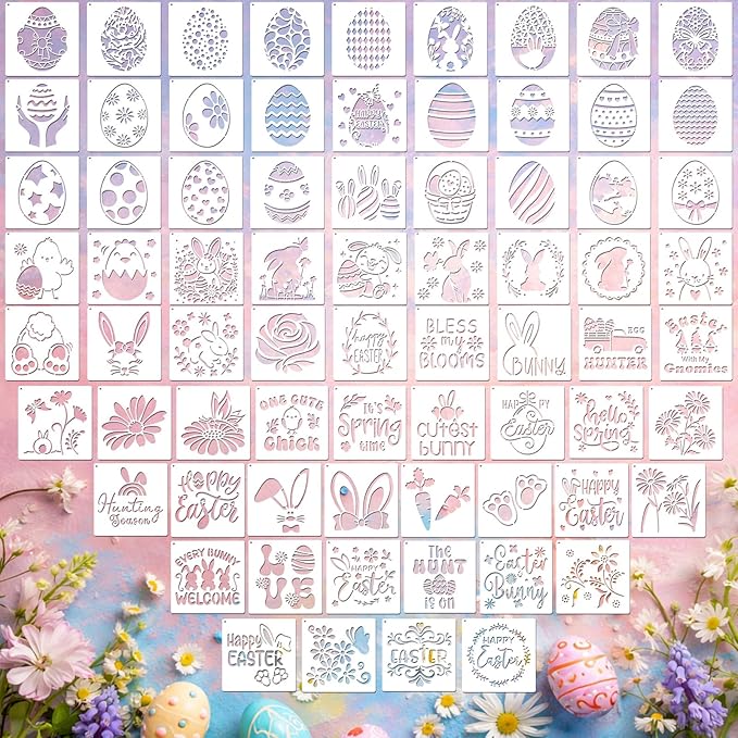 Marspark 72 Pcs Spring Easter Small Stencils for Crafts Reusable 3 Inch Stencils for Painting on Wood DIY Craft Paint Template for Wall Home Decor Card Rock Canvas Drawing Holiday (Bunny Egg)