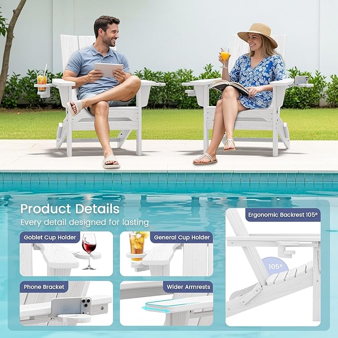 SERWALL Modern Folding Adirondack Chair with Cup Holders, All Weather Resistant Outdoor Adirondack Chair, HDPE Fire Pit Chair for Patio Lawn Graden, White
