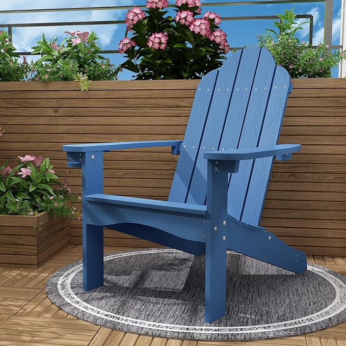 LUE BONA HDPS Adirondack Chairs Set of 4, Fire Pit Outdoor Chair Weather Resistant with Cup Holder, Modern Plastic Chair Plastic for Patio, Deck, Proch, Hotel, Resort, 350LBS, Navy Blue