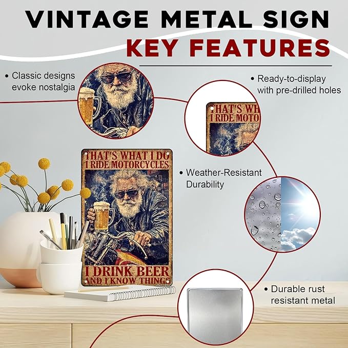 Motorcycle Metal Sign “That‘s What I Do I Ride Motorcycles And I Know Things” - Vintage Tin Wall Art 8x12 Inch for Man Cave, Garage, Bar & Cafe Decor
