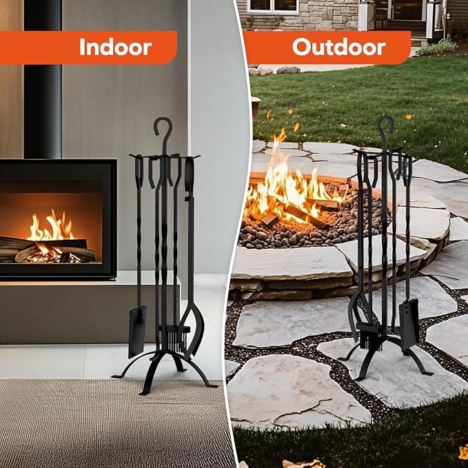 COMFYHOME Fireplace Tools 5 Pcs, 32-Inch Wrought Iron Fireplace Tools Set with Ergonomic Handle, Fire Poker, Tong, Shovel, Brush, Stand for Outdoor Indoor Fire Pit, Modern Fireplace Kit, Black