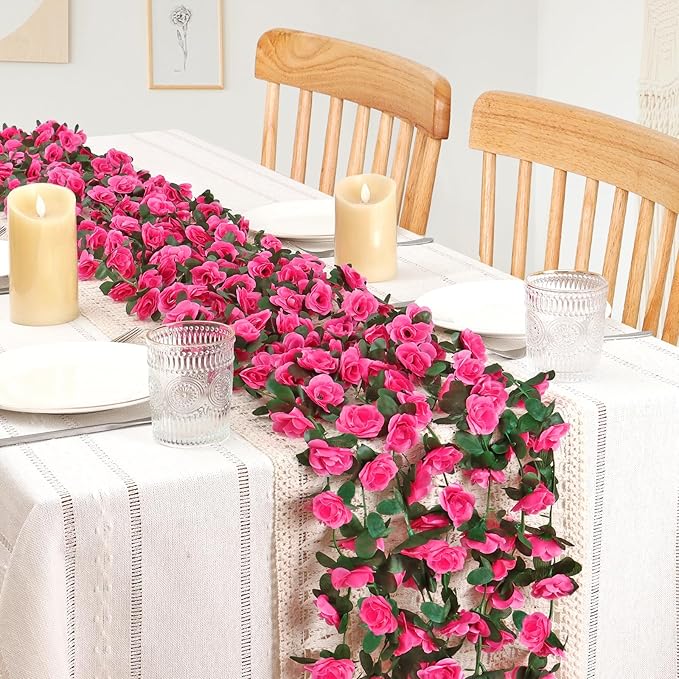 KHOYIME 9 Pack 72 FT Artificial Flower Garland, Fake Hot Pink Roses Vines Silk Flowers Faux Plastic Outdoor Hanging Floral Ivy Garland Decoration for Wedding Arch Bedroom Home Wall Backdrop Room Decor