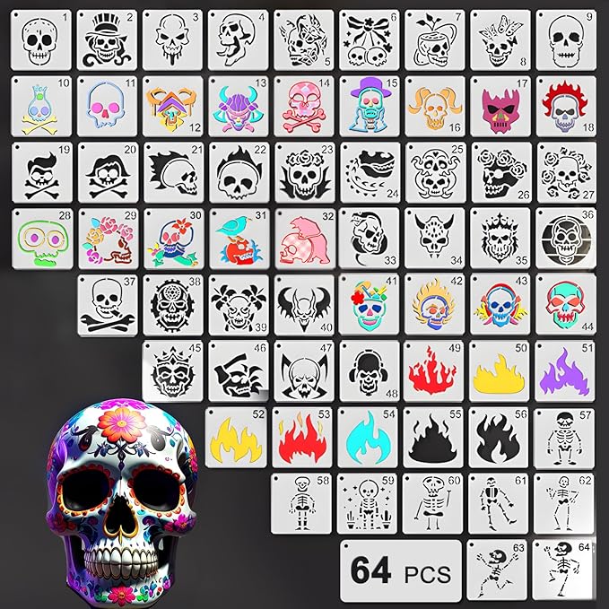 Felixcraft Skull Stencils for Painting, 64PCS 3x3 Inch Plastic Halloween Stencils for Crafts Reusable, Durable PET Material for Wood Signs, Wall Art, Fabric Painting, and Spooky DIY Art Projects