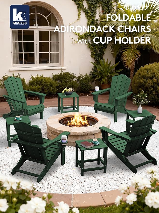 KINGYES Folding Adirondack Chair Set of 2, HDPE All-Weather Folding Adirondack Chair, Green