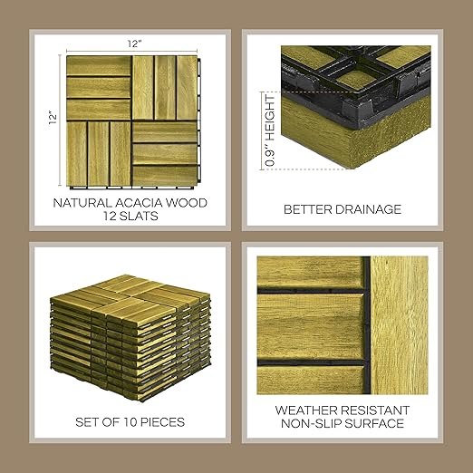 10 Pcs Deck Tiles, Patio Flooring - Outdoor Waterproof Acacia Wood Tiles for All Weather Use - Balcony, Backyard, Indoor & Outdoor (SweetGrass, 10 Square Ft)