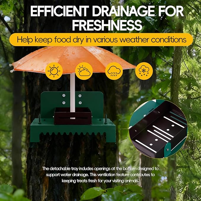 Metal Squirrel Feeder Picnic Table with Umbrella - Heavy Duty Iron Outdoor Chipmunk Feeder, Rust Resistant Corn Cob Holder, Funny Backyard Wildlife Gift for Nature Lovers.(Orange)