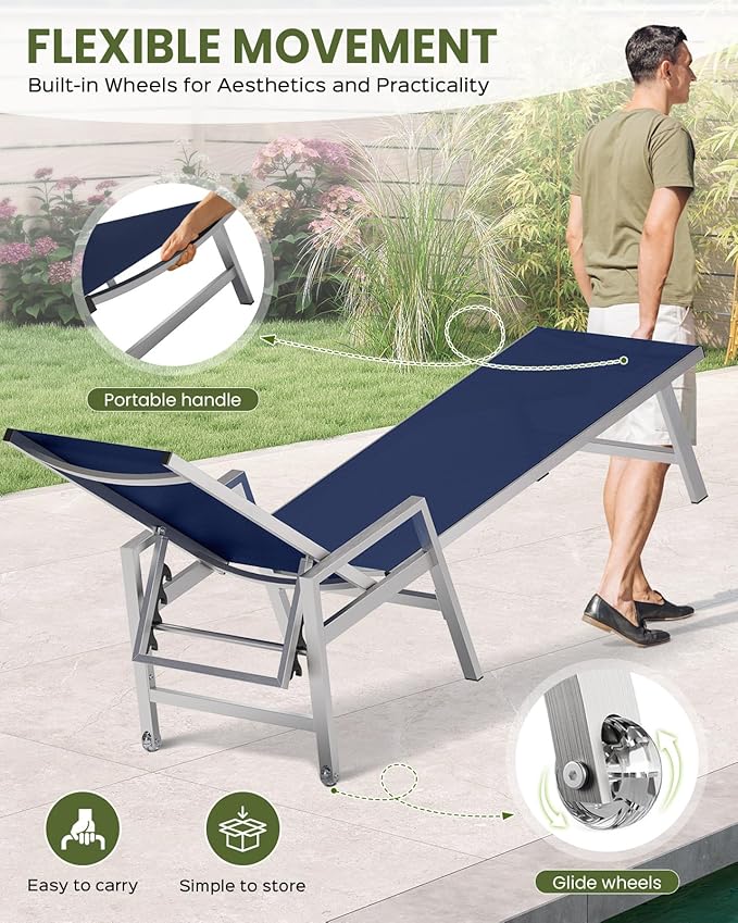 Patio Chaise Lounge Chair Outdoor with Wheels&Armrests, Aluminum Pool Lounge Chairs 5-Position Adjustable Recliner, Outdoor Beach Lounge Chairs for Poolside, Patio, Deck, Yard, Navy Blue
