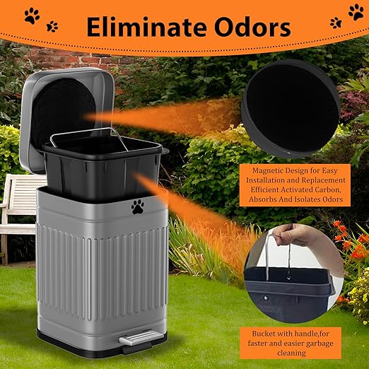 Dog Poop Trash Can Outside, 5L/1.3Gal Metal Dog Waste Trash Can with Lid, Foot Pedal, Pet Waste Container with 40 Bags, Poop Bucket with Lid Soft Close for Pet, Grey