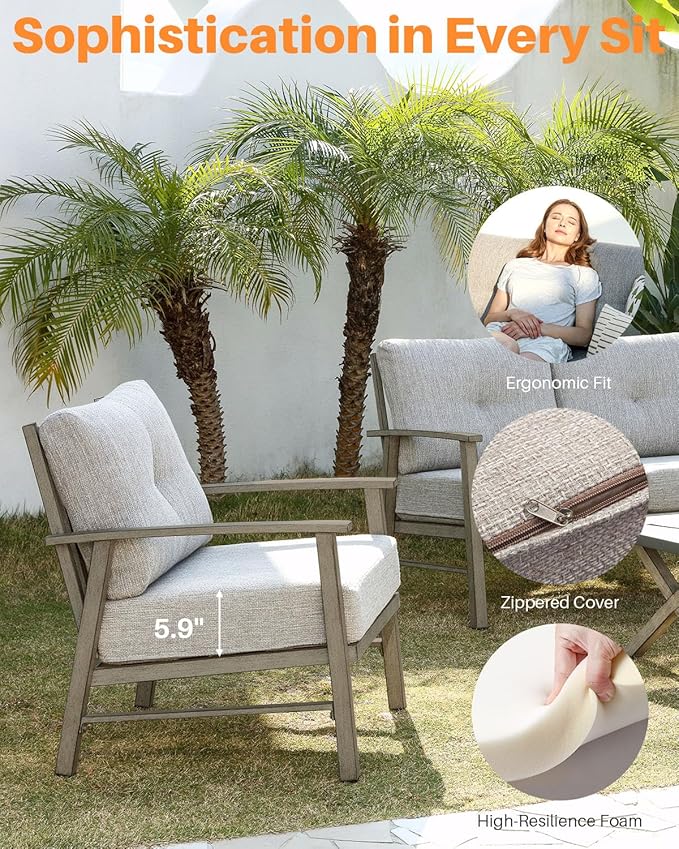 2 Pieces Outdoor Patio Chairs, Outdoor Aluminum Armchair Conversation Set with Thick Cushions, All Weather Patio Furniture Sofa Chairs Set for Garden, Poolside, Lawn, Limed Oak
