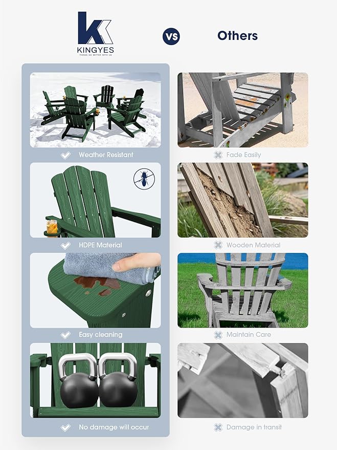 KINGYES Folding Adirondack Chair Set of 4, HDPE All-Weather Folding Adirondack Chair, Green