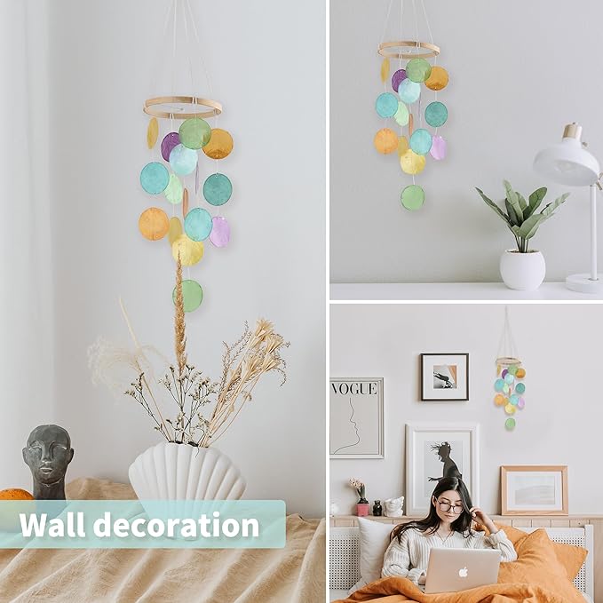 Capiz Wind Chimes for Outside, Outdoor Seashell Hanging Beach Coast Ocean Home Decorative, Rainbow Color Natural Shell Waterfall Windchimes for Summer Patio, Window, Porch, Memorial Gift（Multicolor