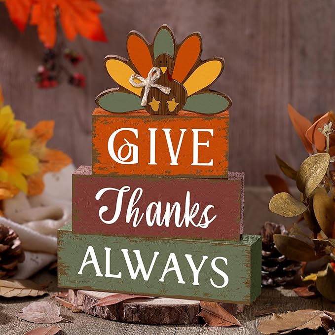 4 Pcs Thanksgiving Turkey Table Decor Wooden Turkey Sign Block Rustic Fall Tiered Tray Decor Farmhouse Autumn Centerpiece Thanksgiving Decorations for Home Office Desk Holiday Harvest Gifts