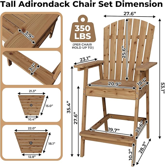 GarveeLife Outdoor Bar Height Adirondack Chairs with Connecting Tray, Balcony Chairs Adirondack for Deck, Backyard, Outdoor Tall Adirondack Chairs, Patio High Set of 2, Natural Wood