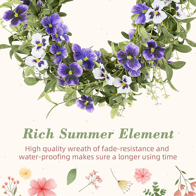 YNYLCHMX 18" Spring Summer Wreaths for Front Door, Artificial Floral Wreath with Purple Pansy Flowers Green Eucalyptus Leaves, Green Foliage Wreath for Wall Window Farmhouse Party Holiday Home Decor