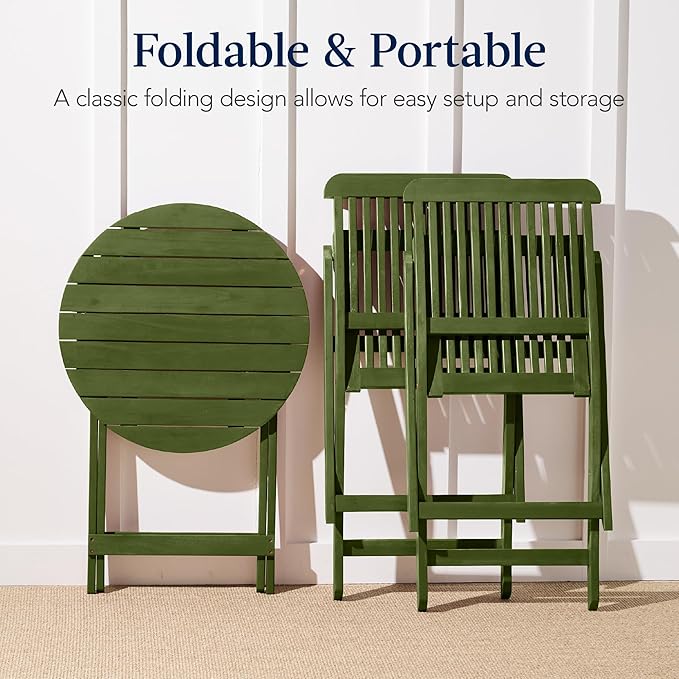 Best Choice Products 3-Piece Acacia Wood Bistro Set, Folding Patio Furniture for Backyard, Balcony, Deck w/ 2 Chairs, Round Coffee Table, Teak Finish - Olive