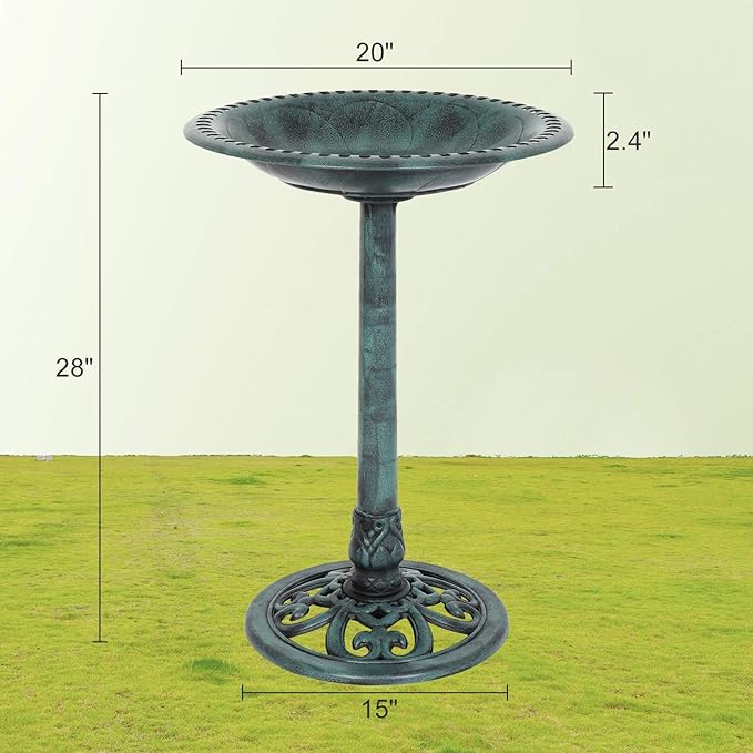 VINGLI Wild Bird Bath Green Patina Weather Resistant Resin Pedestal Birdbaths Antique Sculpture Finish Garden Decor for Outdoor Lightweight Courtyard 28 Inch…