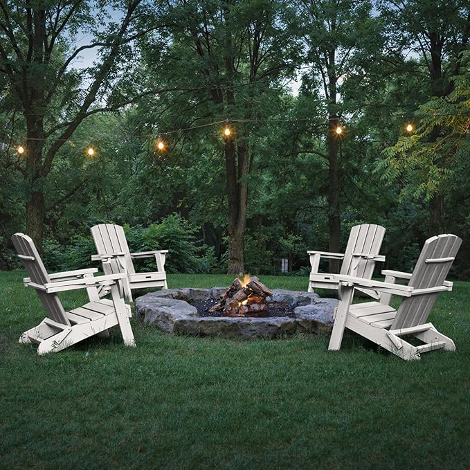 Folding Adirondack Chair 6 Pack, HDPE All-Weather Fire Pit Chairs, Plastic Adirondack Chairs with 2 Cup Holder, Outdoor Lawn Chair for Patio Garden (White)