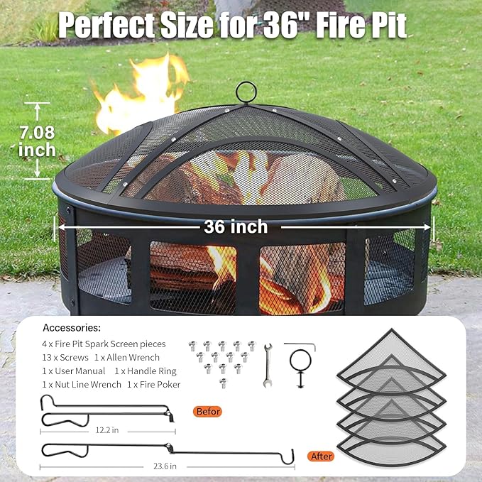 Fire Pit Spark Screen, Upgraded 36 Inch Outdoor Fire Pit Screen with Handle & Poker, Heavy-Duty Steel Fire Pit Cover Round Mesh Replacement Firepit Screen for Backyard/Beach/RV Camping
