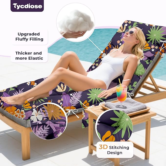 Outdoor Chaise Lounge Chair Cushion, 71 x 22 x 4.7 Inches Waterproof Chaise Lounge Cushions Thickened for Outdoor Furniture, Non-Slip Patio Lounge Chair Cushions, Purple Floral Leaf