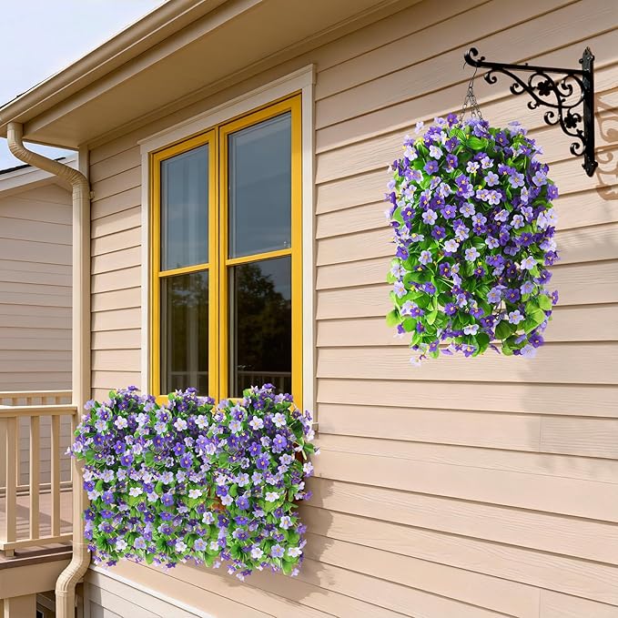2 Pack Artificial Hanging Flowers, Fake Flowers Hanging Plant Violet Flower, Artificial Faux Silk Spring Flower for Wall Front Door Yard Garden Wedding Outdoor Decoration(Dark Orchid)