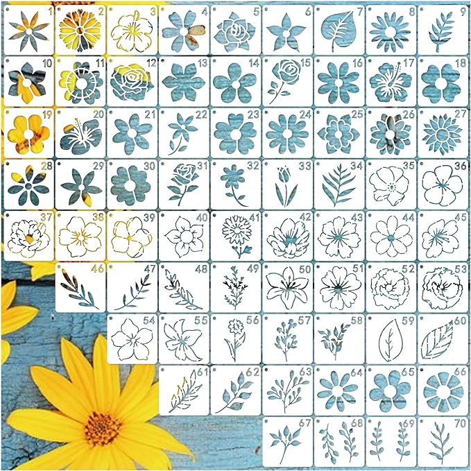70pcs Small Flower Stencils for Painting on Wood Tiny Nature Leaf Stencils and Patterns Leaves Vine Stencil Floral Template Paint Stencils on Art Craft Canvas Wall Fabric Rock (70 Flower)