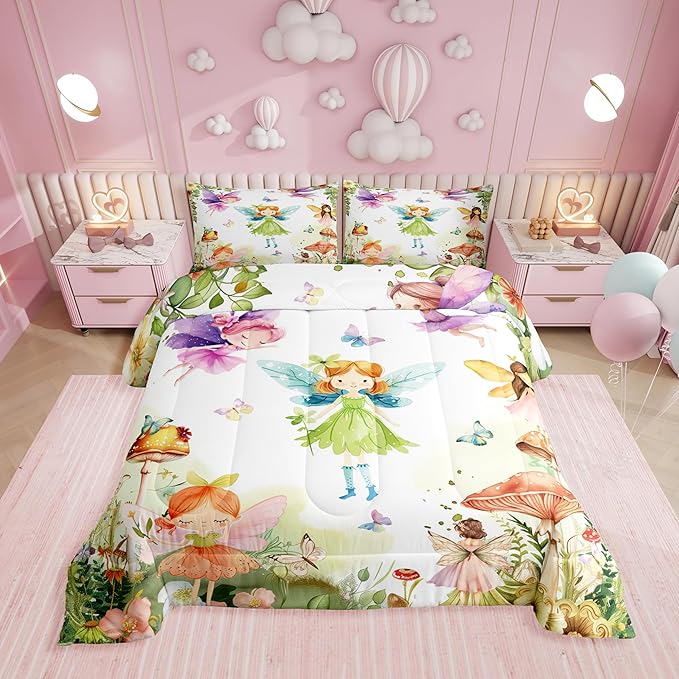 Erosebridal Fairy Garden Twin Bedding Set,Mushroom Butterfly Comforter Set for Girls Kids,Dreamy Fairy Floral Comforter,Cute Girly Princess Bedroom Room Decor,1 Pillowcase Reversible