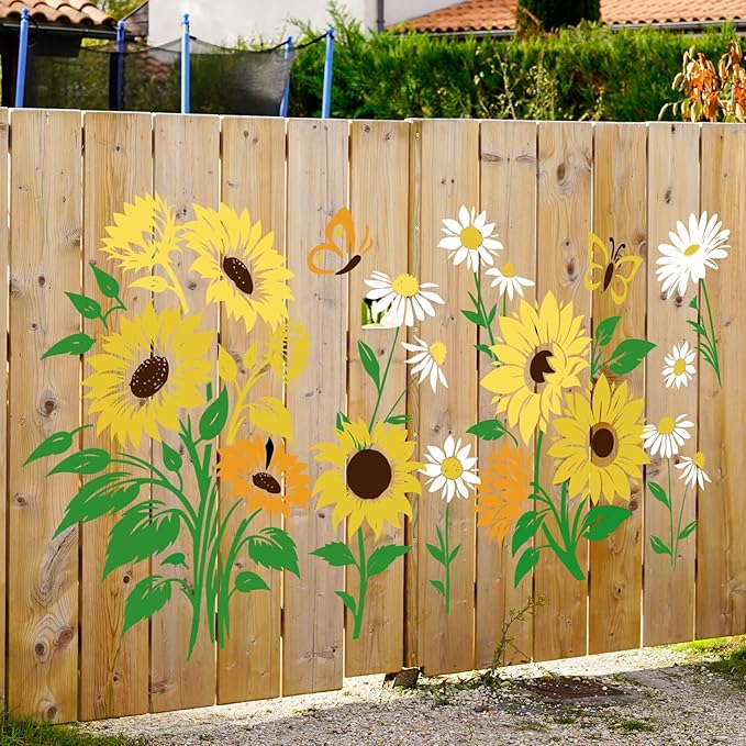 JarThenaAMCS 12Pcs Large Spring Sunflower Stencils Reusable Floral Daisy Plastic Drawing Templates for Summer DIY Crafts Painting on Wood Wall Garden Fence