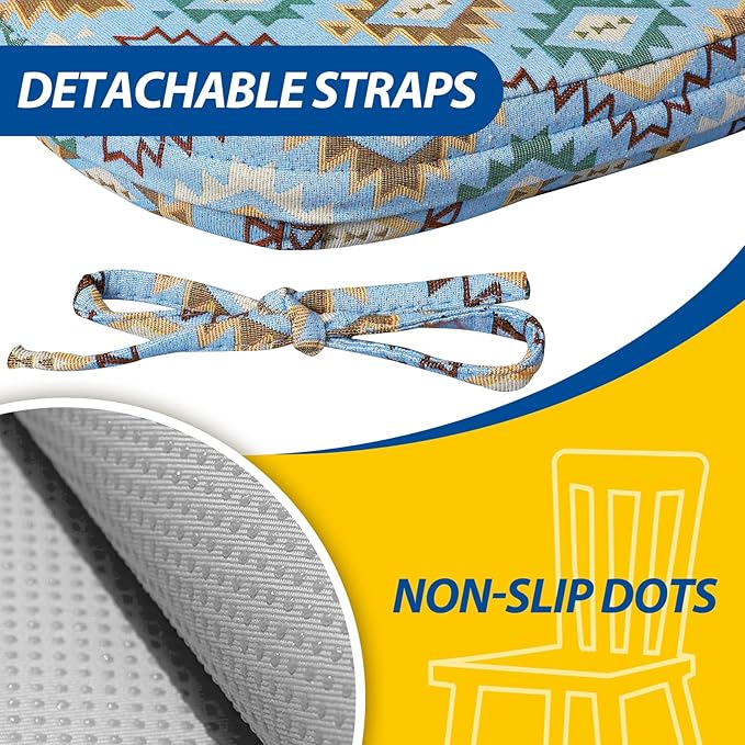 AAAAAcessories D-Shaped Chair Cushions, 2" Thick Dining Chair Pads with Ties and Removable, Machine-Washable Cover, 17" x 16", Geometric Blue