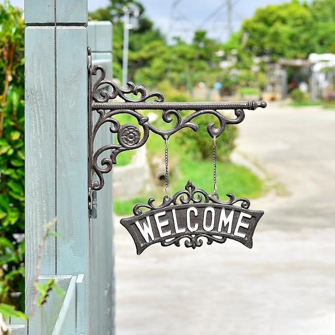Sungmor Vintage Cast Iron Hanging Welcome Sign, Ornate Wall Bracket Hanger Outdoor Welcome Plaues, Rustic Wall Mounted Front Door Hanging Sign, Decorative Garden Yard Sign