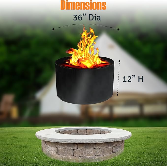 FEBTECH - Fire Rings for Outside Wood Burning Fire Pits - 36" Dia X 12" H - 2mm Thick Steel DIY Firepit Ring Liner - Perfect for Outdoor Garden, Camping & Above or In-Ground Fire Pits