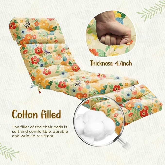 4 Pack Outdoor Chaise Lounge Chair Cushion 75.1 x 22.8 x 4.7 Inches 100% Waterproof Replacement Cotton Patio Pool Lounge Chair Cushion for Outdoor Furniture with Ties,Daisy