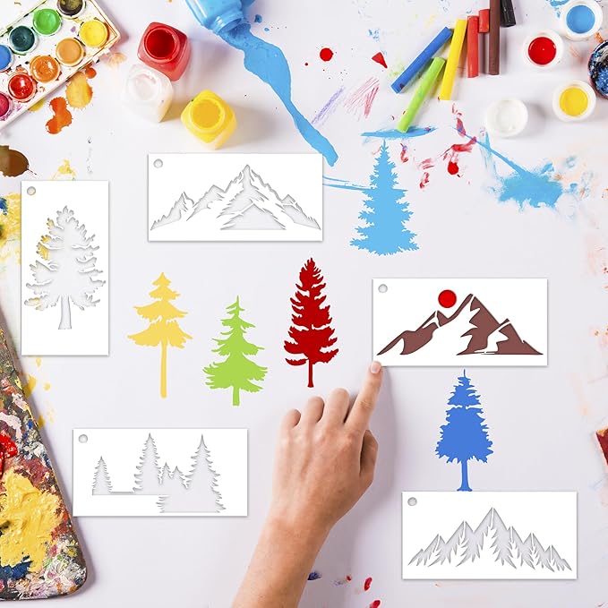 Tree Small Stencils Reusable - Mountain Scene Stencils for Crafts Reuable, Fabric Background Card Scrapbook Journal Decorating