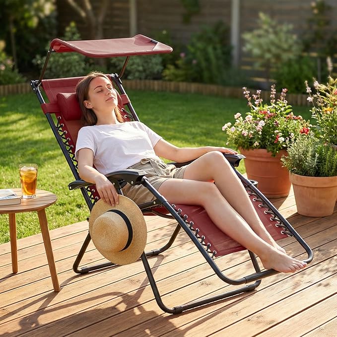 Magshion Zero Gravity Lounge Chair with Canopy, Outdoor Foldable Patio Reclining Chair with Side Tray, Adjustable Anti-Gravity Recliner with Pillow Headrest, Lounger for Lawn Camping Beach (Maroon)