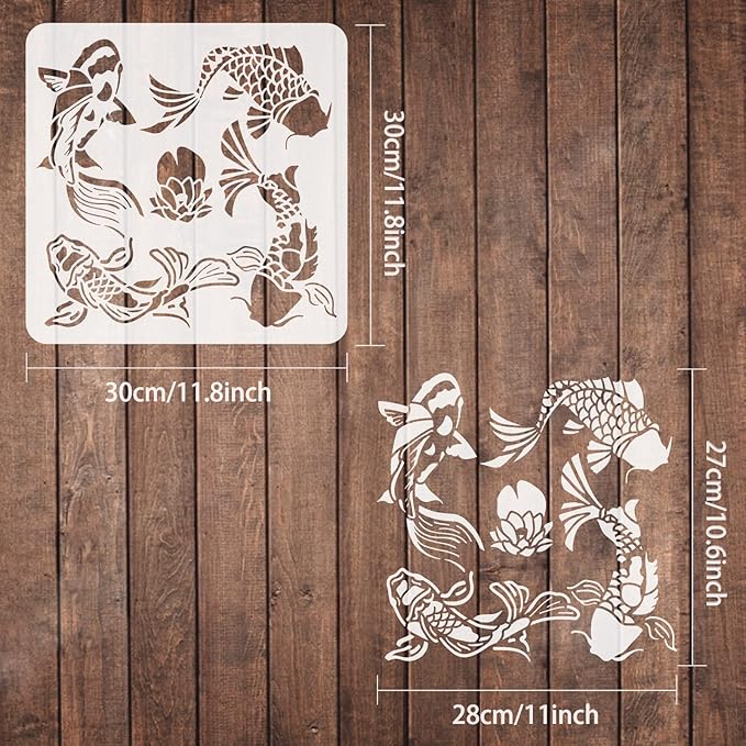 FINGERINSPIRE Koi Lotus DIY Stencils - Wall/Painting/Window - 11.8x11.8 inch Reusable Mylar Art Craft Template