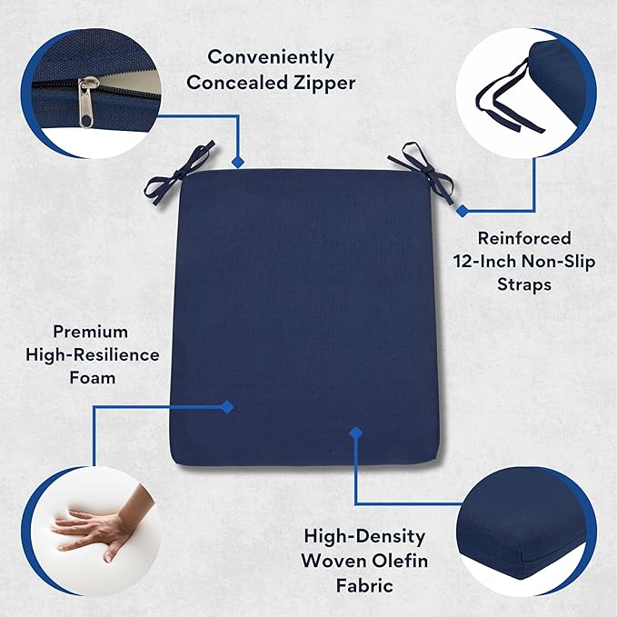 Shine Company Weather-Resistant Outdoor Rocking Chair Seat Cushions, 22"x20", Performance Fabric with Foam Core, Removable Cover with Ties, Set of 2, Navy Blue