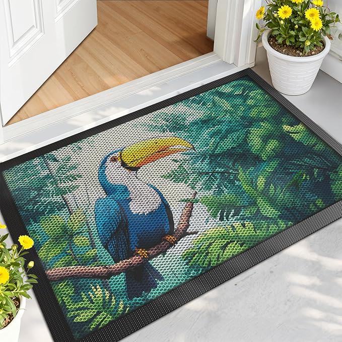 LUMI Outside Door Mat 24x36, Non Slip Rubber Backing Doormat, Low Profile Easy Clean Entrance Mats for Front Back Door Entryway Porch Garage, Toucans