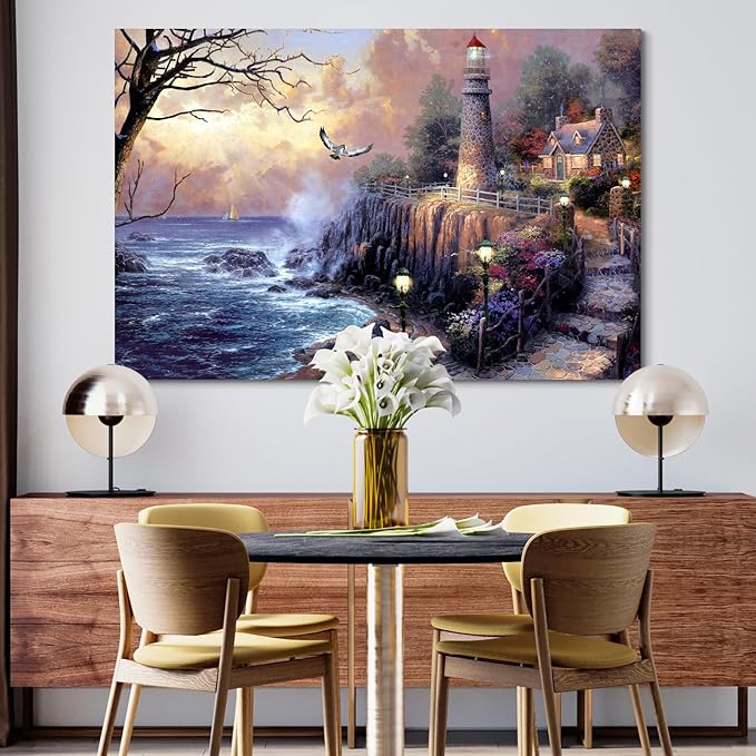 STUDIO HAVEN Thomas Kinkade Canvas Wall Art, Coastal Lighthouse Cottage Ocean Waves Glowing Beacon Seside Pathway Oil Painting Poster Landscape Wall Decor, Framed Prints for Home Decor, 24x16Inch