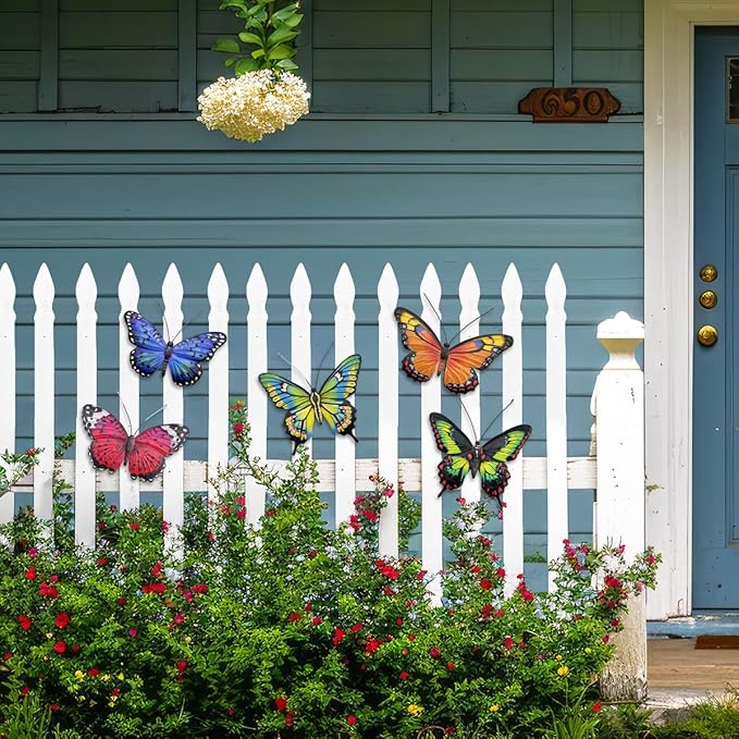 EOORAU Metal Butterfly Wall Outdoor Decor - 5 Pcs 3D Lifelike Metal Butterflies Wall Art Sculpture Hanging Decorations for Outside Fence Yard Patio Garden