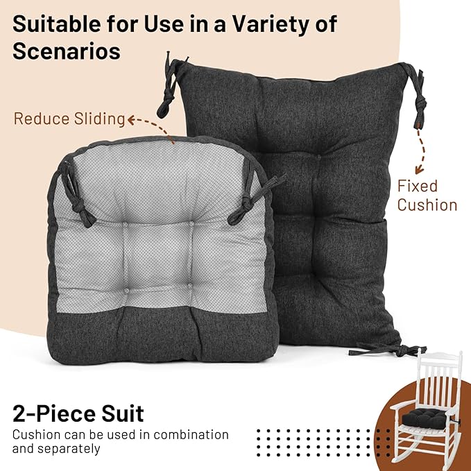 Lokex Rocking Chair Cushion 4 Inch Extra Thick, Cushions for Rocking Chairs Set of Seat and Back with Ties, Linen Fabric Indoor Outdoor Rocker, 17x21 & 17x17 Inches (Black)