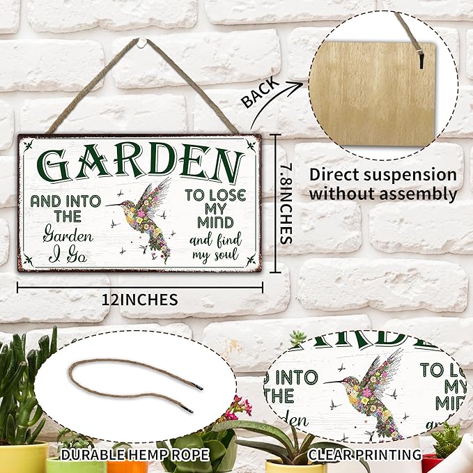 Into The Garden To Lose My Mind Garden Sign - Retro Wooden Hanging Spring Decor for Country Rustic Garage Home Farmhouse Wall Fence Decor Gift for Mothers, Grandmas, and Plant Lovers -A05