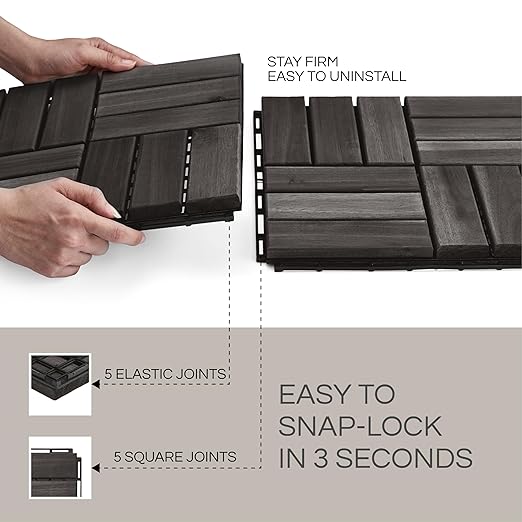10 Pcs Deck Tiles, Patio Flooring - Outdoor Waterproof Acacia Wood Tiles for All Weather Use - Balcony, Backyard, Indoor & Outdoor (Black Crossed Pattern, 10 Square Ft)