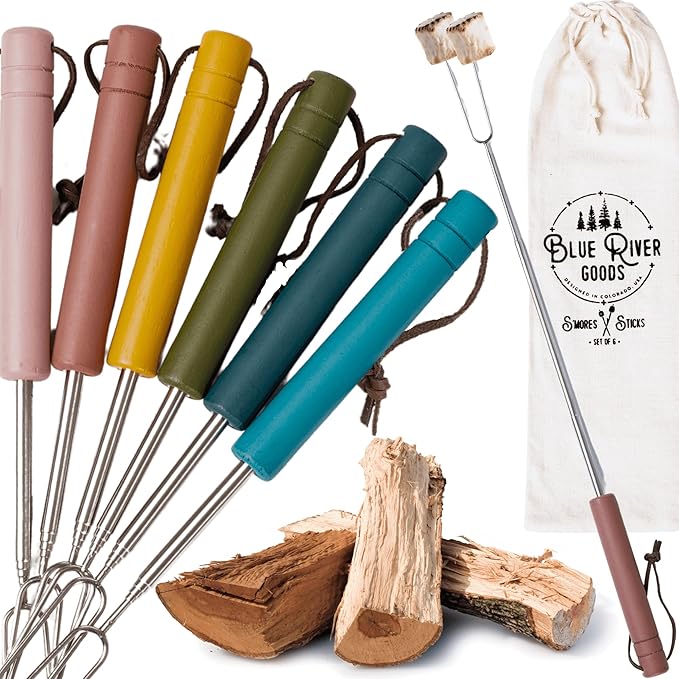 Smores Sticks | Set of 6 Marshmallow Roasting Sticks in Boho Colors | Extendable Stainless Steel w/Solid Wood Handles | Marshmallow Sticks for Fire Pit | Smore Sticks for Fire Pit