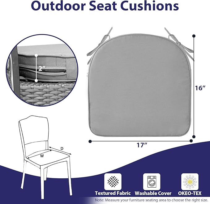 Outdoor Chair Cushions Set of 4 -Waterproof Outdoor Seat Cushions for Patio Furniture, Patio Chair Cushion with Handle and Ties, Round Out Door Chair Pads,17" x 16" x 2", Grey